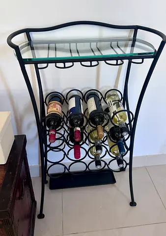 Black Metal bottle Rack with Glass Top - Holds 9 Bottles
