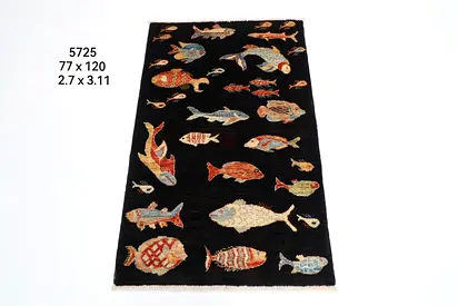 Handmade Black Rectangular wool Rug with Colorful Fish Design door mat wall hanging small rug
