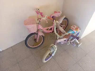 Childrens pink bicycle with training wheels and basket