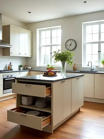 Beige Kitchen Island with Storage Drawers and Black Countertop