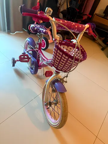 Childrens bicycle with basket and training wheels