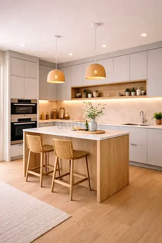 Modern kitchen island with wooden bar stools