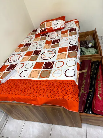 Single wooden bed with mattress and bedcover - good condition