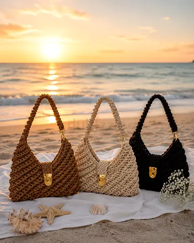 Handmade Crochet Shoulder Bag – Brown, Beige  Black (Set of 3)