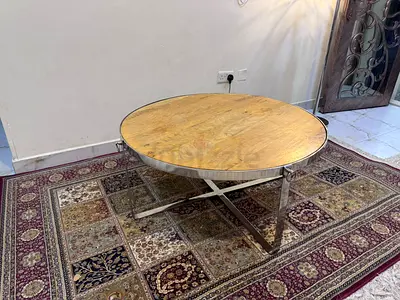 Round Wooden Top Coffee Table with Metal Base - Good Condition