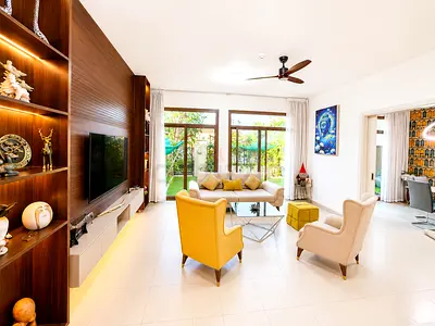 Modern 3-Seater Sofa Set with 2 Accent Chairs and 2 site stool  in Bright Living Room