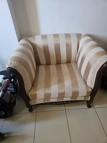 Classic Striped Fabric Armchair with Carved Wood Frame
