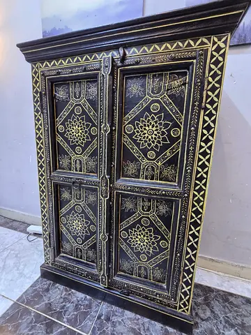Hand-Crafted Wooden Cabinet with Brass Inlay Motifs