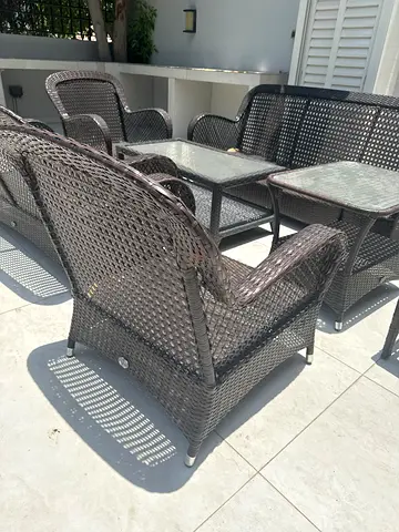 9-piece outdoor rattan garden with cushions seats set with glass tables - good condition
