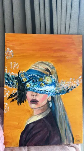 Acrylic painting, Vermeers Girl with a Pearl Earring - signed with the starry night