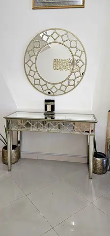 Mirrored Console Table with Decorative Round Wall Mirror - Elegant Entryway Set