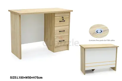 Oak Effect Study Desk with 3 Drawers and Cable Ports (100×50×75cm)