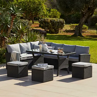 Aston 9 Seater Rattan Garden Corner Sofa Set with Cream Lean Over Parasol - Black Weave and other