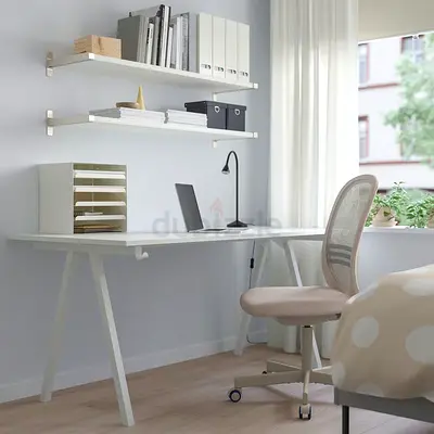 Minimal White Study Desk with Wall Shelves and Ergonomic Chair