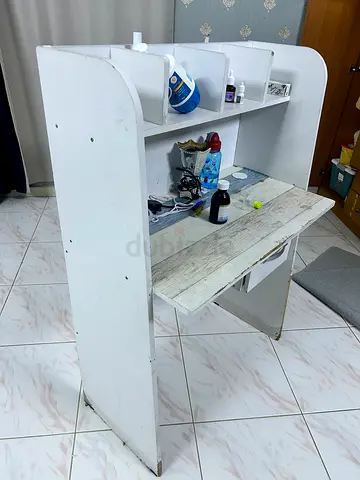 White Wooden Study Desk with Overhead Shelves