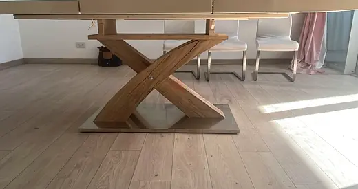 Wooden X‑Base Dining Table with Glass Top - Light Oak Finish + 6 matching chairs