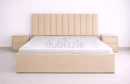 Beige Upholstered King Bed with Mattress Available