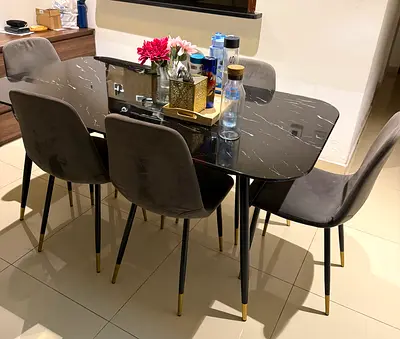 Black Marble-Style Dining Table with 6 Velvet Chairs