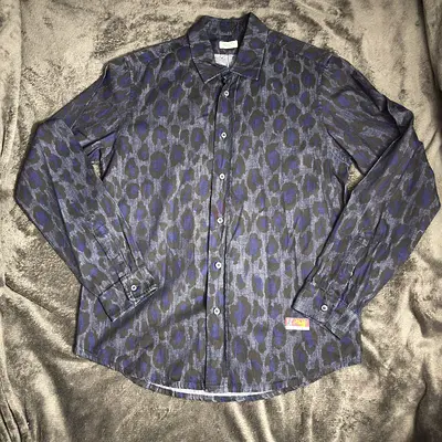 Mens Long Sleeve Patterned Button-Up Shirt - Blue/Black, Size M