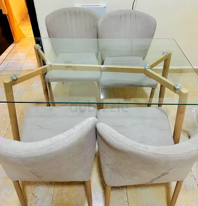 Pan Home Glass Top Dining Table with 4 Beige Upholstered Chairs