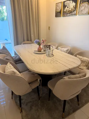 Marble-Top Dining Table with 8 Upholstered Chairs - Light Beige