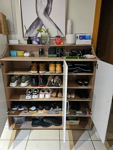 White and Oak Two-Door Storage Cabinet with Shelves