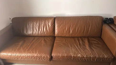 Genuine brown leather 3 +2 seater sofa — good condition
