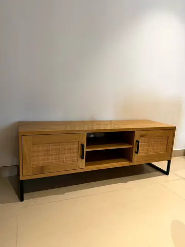 Wooden TV Unit Cabinet with Rattan Doors and Metal Legs