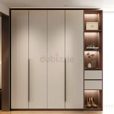 4-Door Wardrobe with Open Shelves - Beige