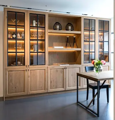 Custom Built-in Oak Display Cabinet with Glass Doors and Shelving