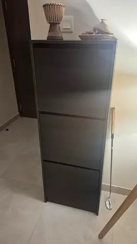 Tall 3-Compartment Dark Wood Shoe Cabinet - Slim Design