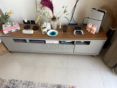 Modern low TV cabinet / entertainment unit in wood and grey