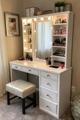 White Hollywood Vanity Dressing Table with Mirror  Lights