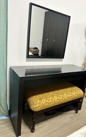 Dark Wood Dressing Table with Mirror and Padded Bench
