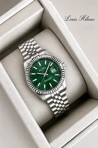 Louis Hilano stainless steel mens watch with green dial and date window