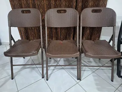 Set of 3 Brown Folding Rattan-Style Plastic Chairs - Good Condition