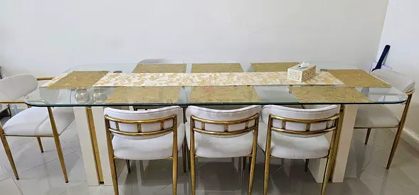 Glass Top Dining Table with 8 Upholstered Chairs - Gold Accents