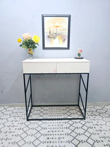 Slim Console Table with Drawers and Black Metal Frame
