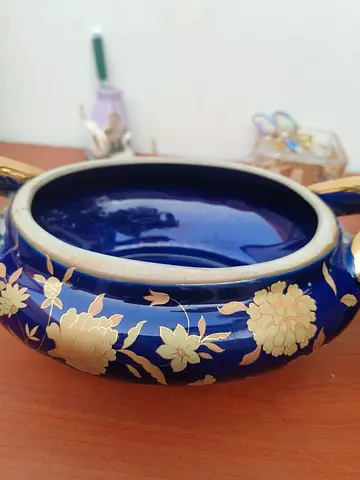 Decorative Cobalt Blue Ceramic Bowl with Gold Floral Patterns