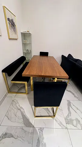Modern 6-Seater Dining Set (Table, 4 Black Chairs + Padded Bench) – Gold Accents