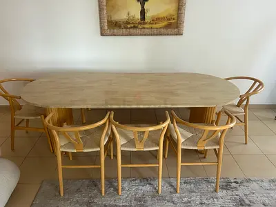 8 Seater Oval Dining Table with 6 Wishbone Chairs and Bench