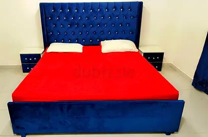 Navy Blue Velvet King Bed with Upholstered Headboard and Matching Side Drawers