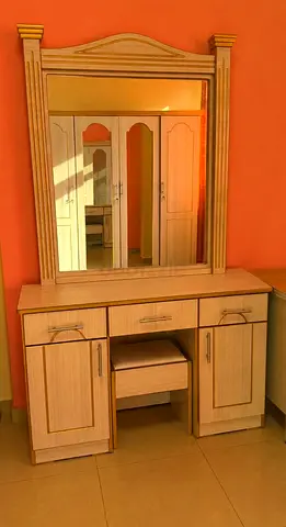 Wooden Dressing Table with Mirror and Storage - Light Beech Finish