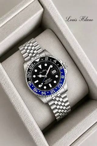 Louis Hilano Stainless Steel GMT Watch with Blue/Black Bezel