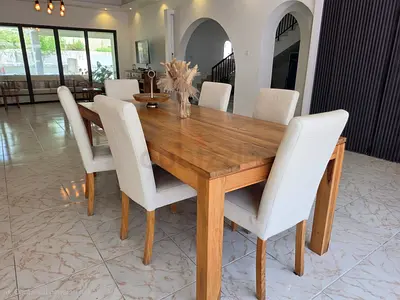 Solid Wood Dining Table with 6 Cream Chairs - 220 x 100 cm