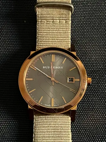 Burberry rose gold case watch with grey dial and fabric strap