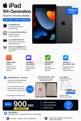 iPad 9th Gen | 256GB | Great Condition | Box Included ‎آيباد الجيل التاسع | 256 جيجابايت | حالة ممتا