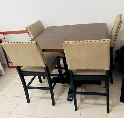Solid Wood Square Dining Table with 4 Upholstered High-Back Chairs