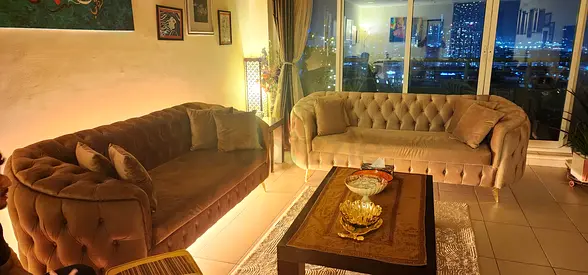 Beige Tufted 8-Seater Velvet Sofa - Good Condition