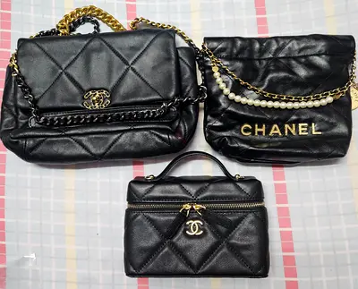 Set of 3 Black Quilted Chanel-Style Bags — Shoulder, Crossbody and Vanity Pouch